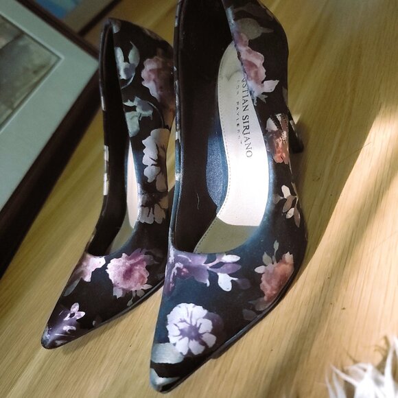 Chic Black Floral Pink Cream Lilac Design Silk Sheen Stiletto Heels 5.5 Comfort - Picture 7 of 16